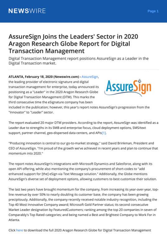 AssureSign Joins the Leaders Sector in 2020 Aragon Research Globe Report for Digital Transaction Management_PR_Newswire_02.2020 - 01 - PNG - PNG