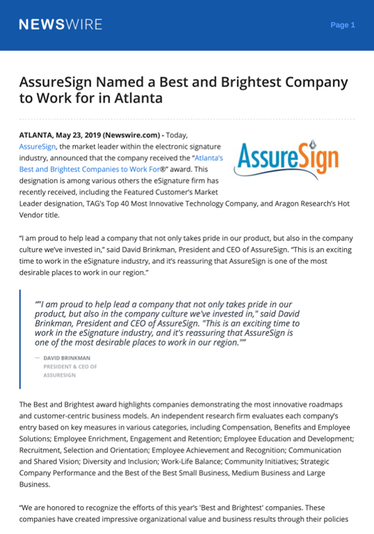 AssureSign Named a Best and Brightest Companyto Work for in Atlanta_PR_Newswire_05.2019 - 01 - PNG - PNG