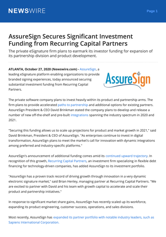 AssureSign Secures Significant Investment Funding from Recurring Capital Partners_PR_Newswire_10.2020 - 01 - PNG - PNG